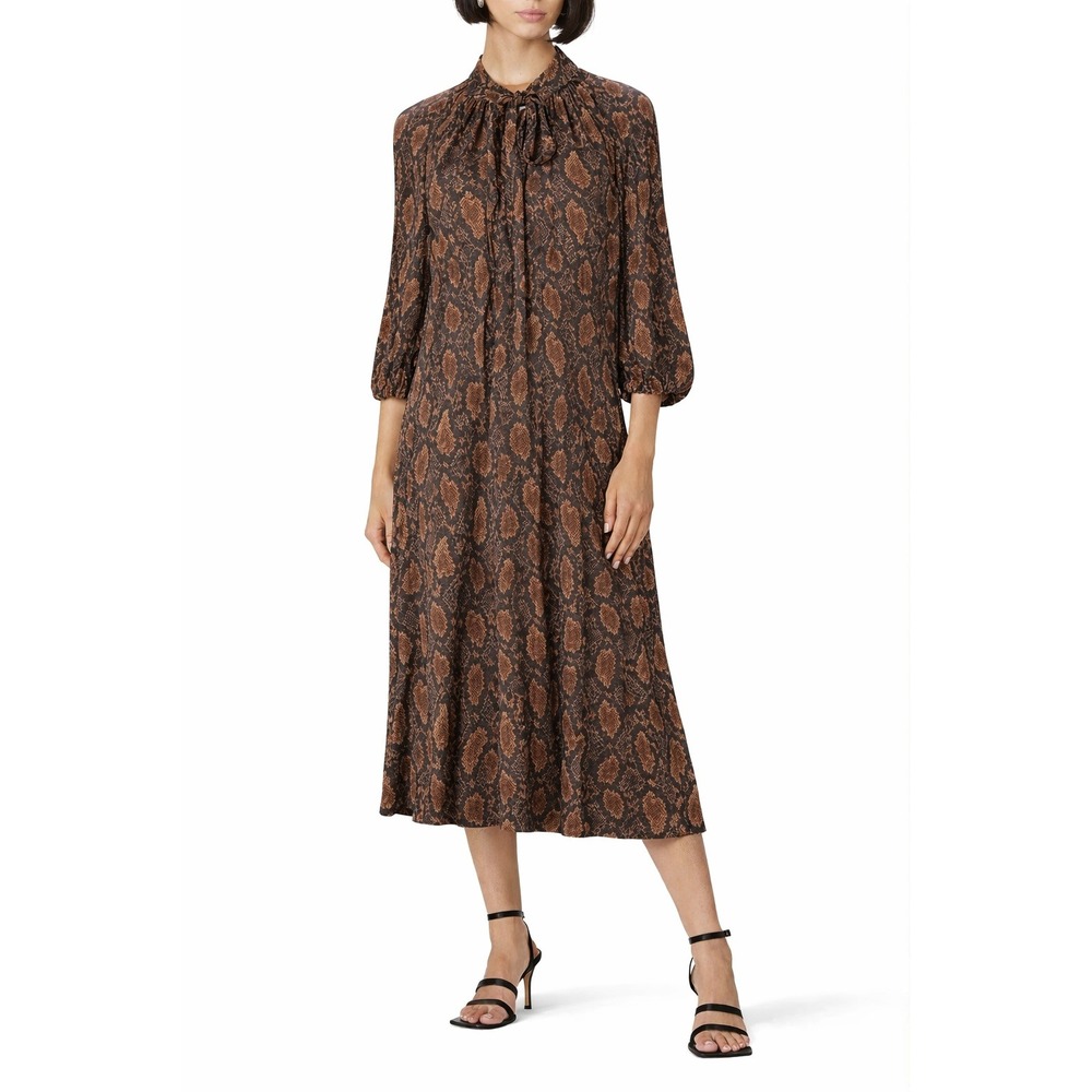 KATE SYLVESTER Snake Print Rayon Tie Neck‎ Midi Dress Semi-Sheer Neutral Classic